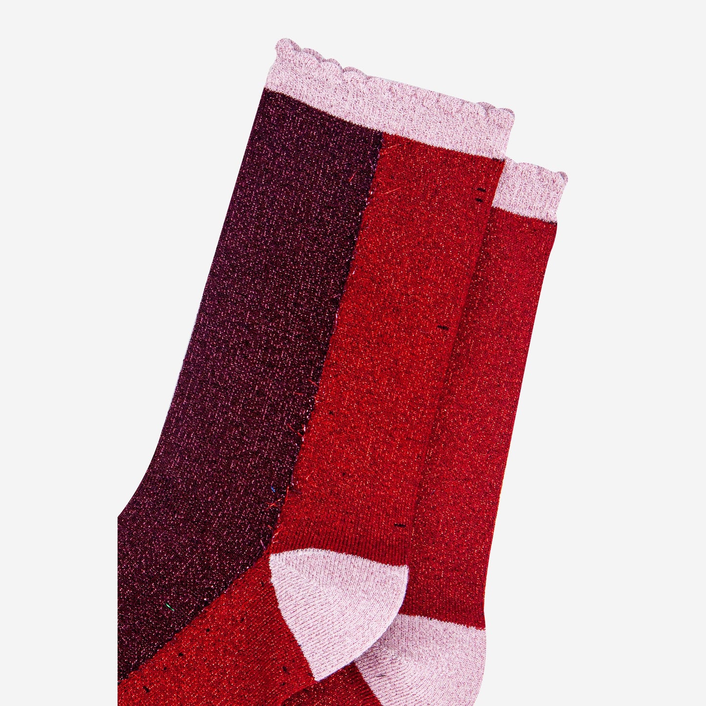 womens-berry-red-colour-block-glitter-socks-close-up