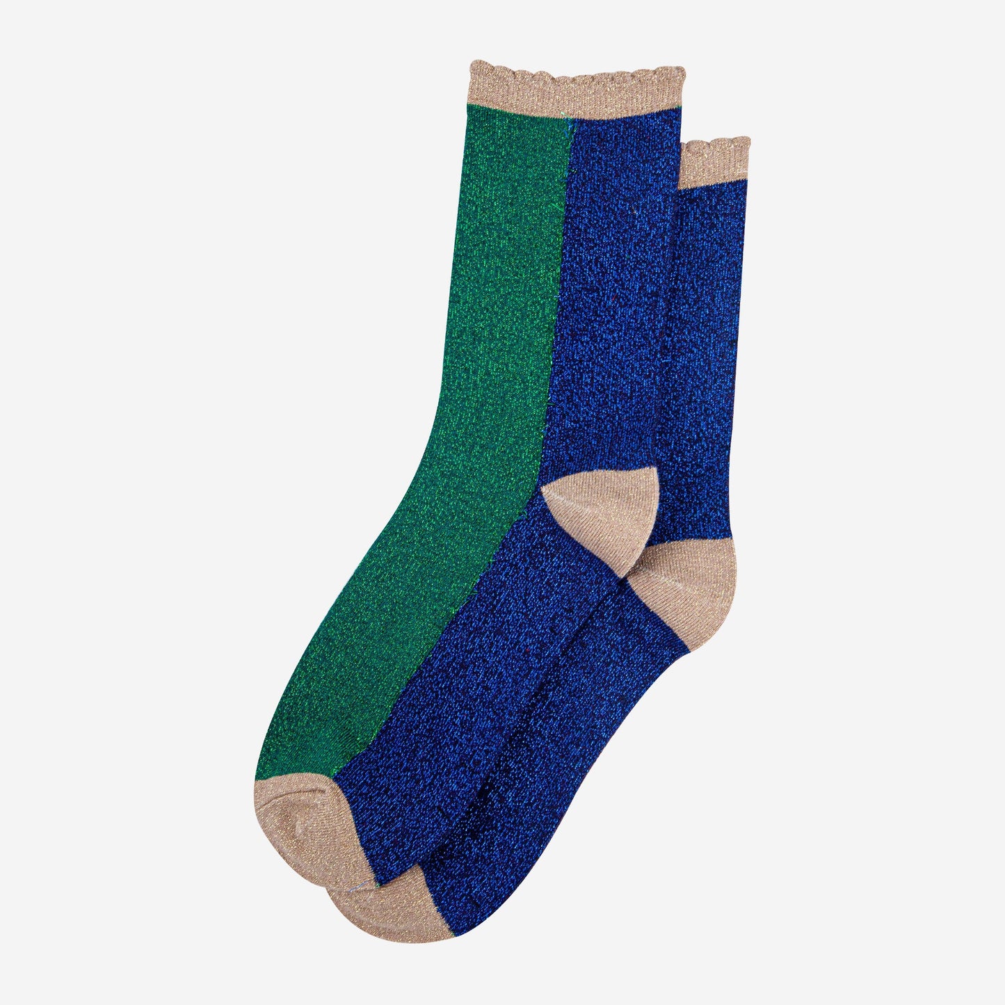 womens-forest-green-navy-blue-colour-block-glitter-socks-laying-flat