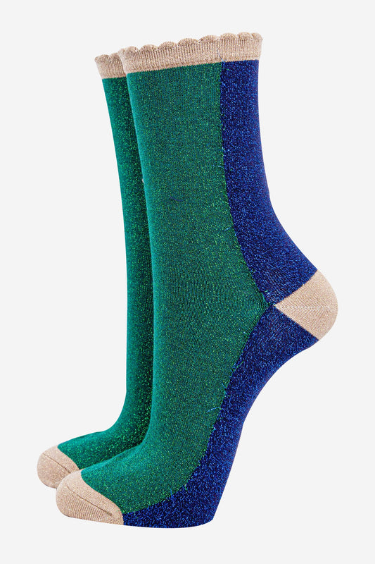 womens-forest-green-navy-blue-colour-block-glitter-socks-sparkly