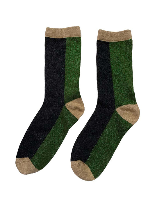 khaki and black colour block socks with beige gold heel, toe and cuff with an all over glitter sparkle and scalloped edge