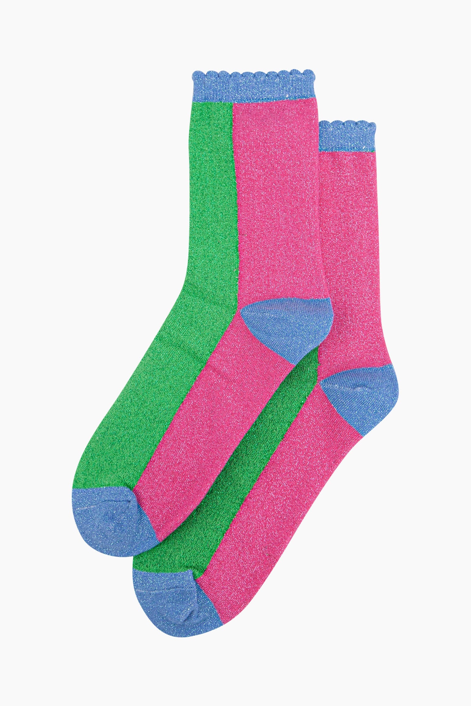 womens-glitter-socks-lime-hot-pink-colour-block-laying-flat-contrasting-colourful-sparkly