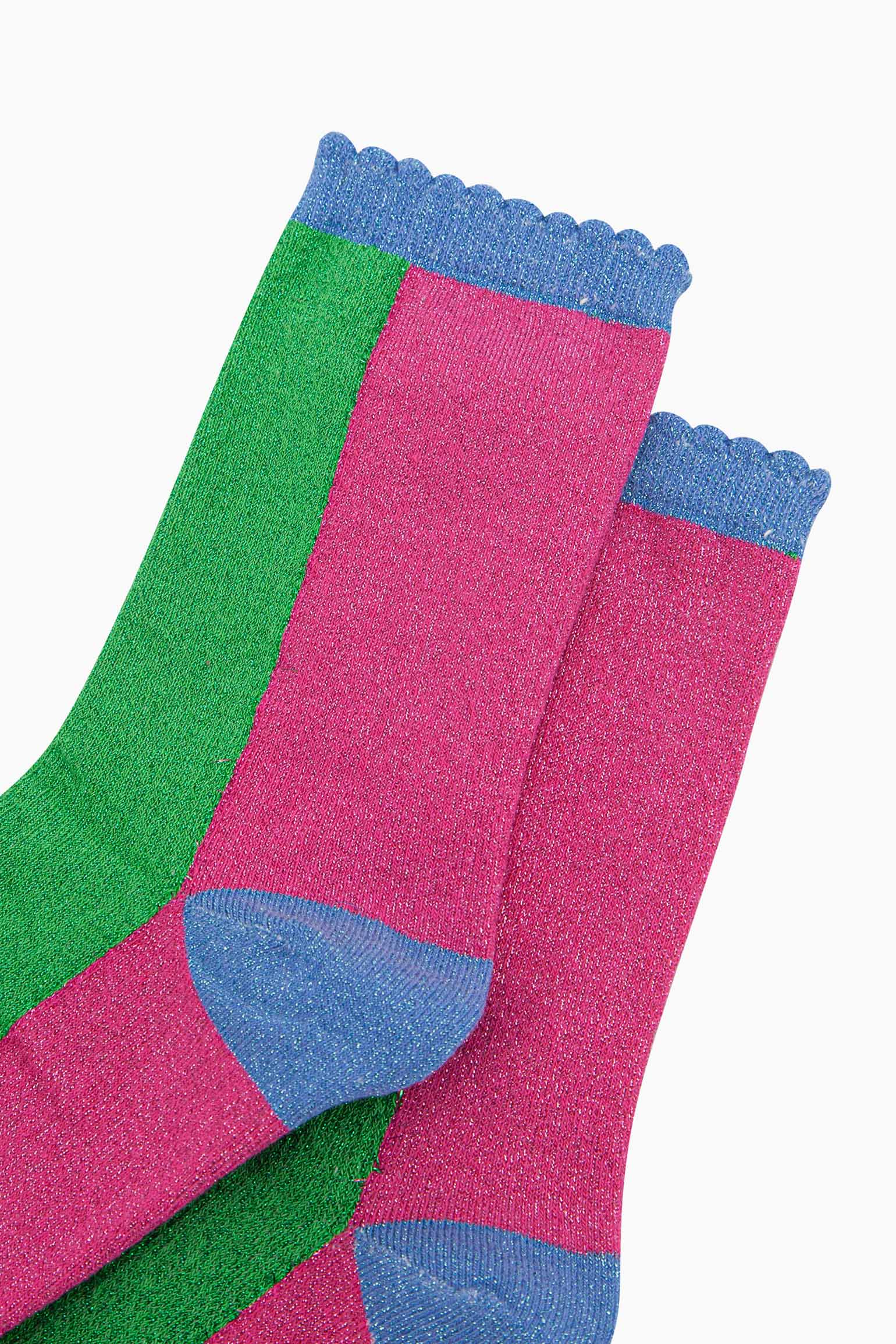 womens-glitter-socks-lime-hot-pink-colour-block-close-up-sparkly-material-frilly-cuffs