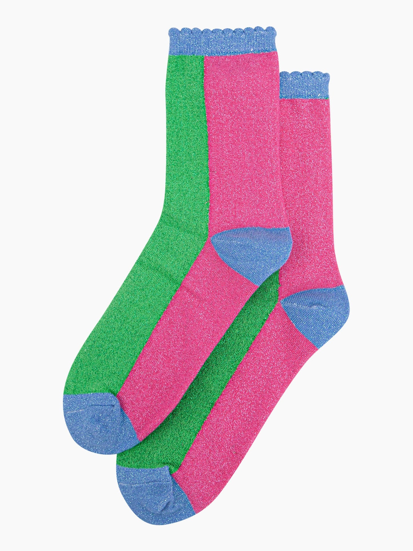 womens-glitter-socks-lime-hot-pink-colour-block-laying-flat-contrasting-colourful-sparkly