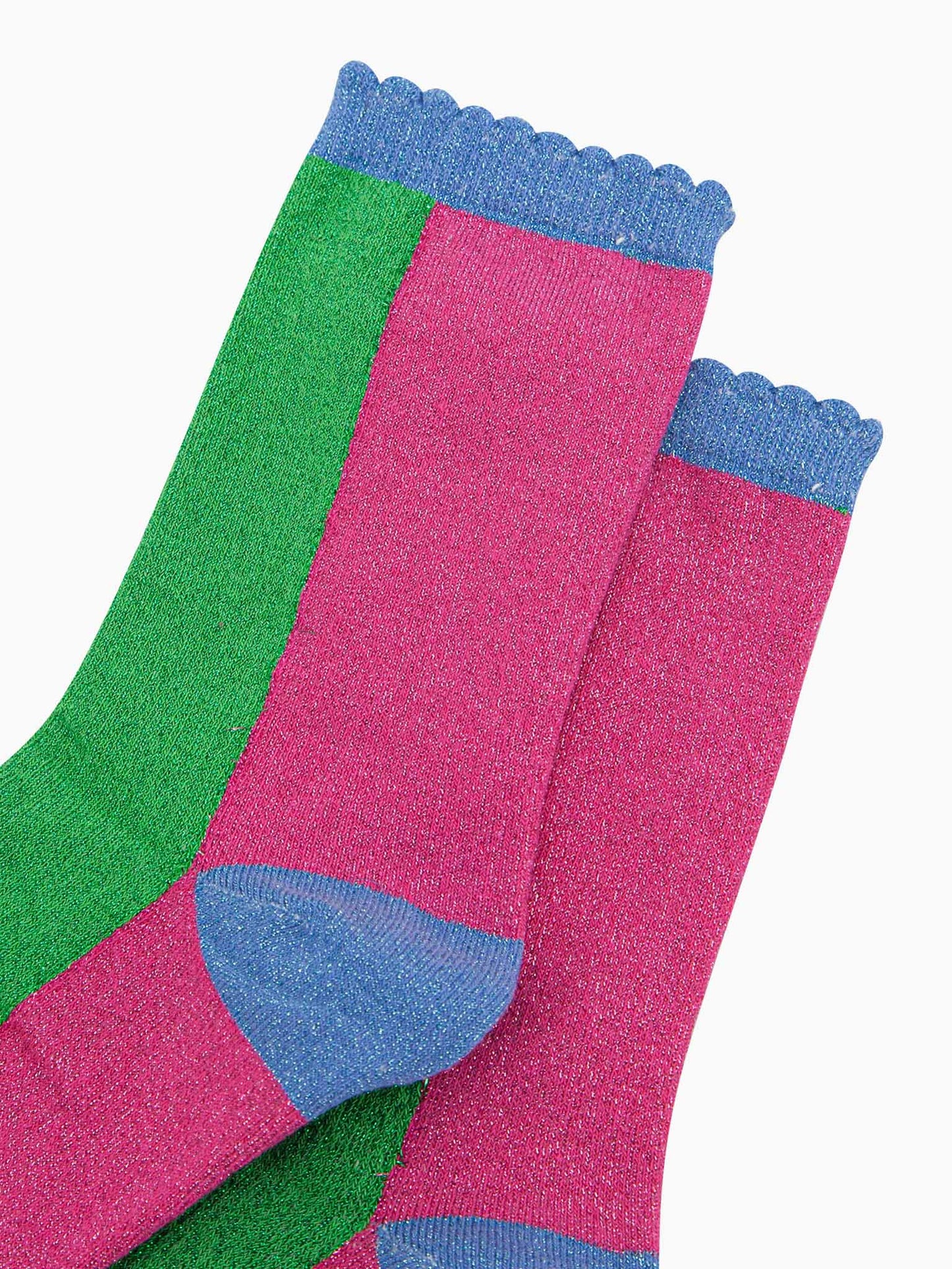 womens-glitter-socks-lime-hot-pink-colour-block-close-up-sparkly-material-frilly-cuffs