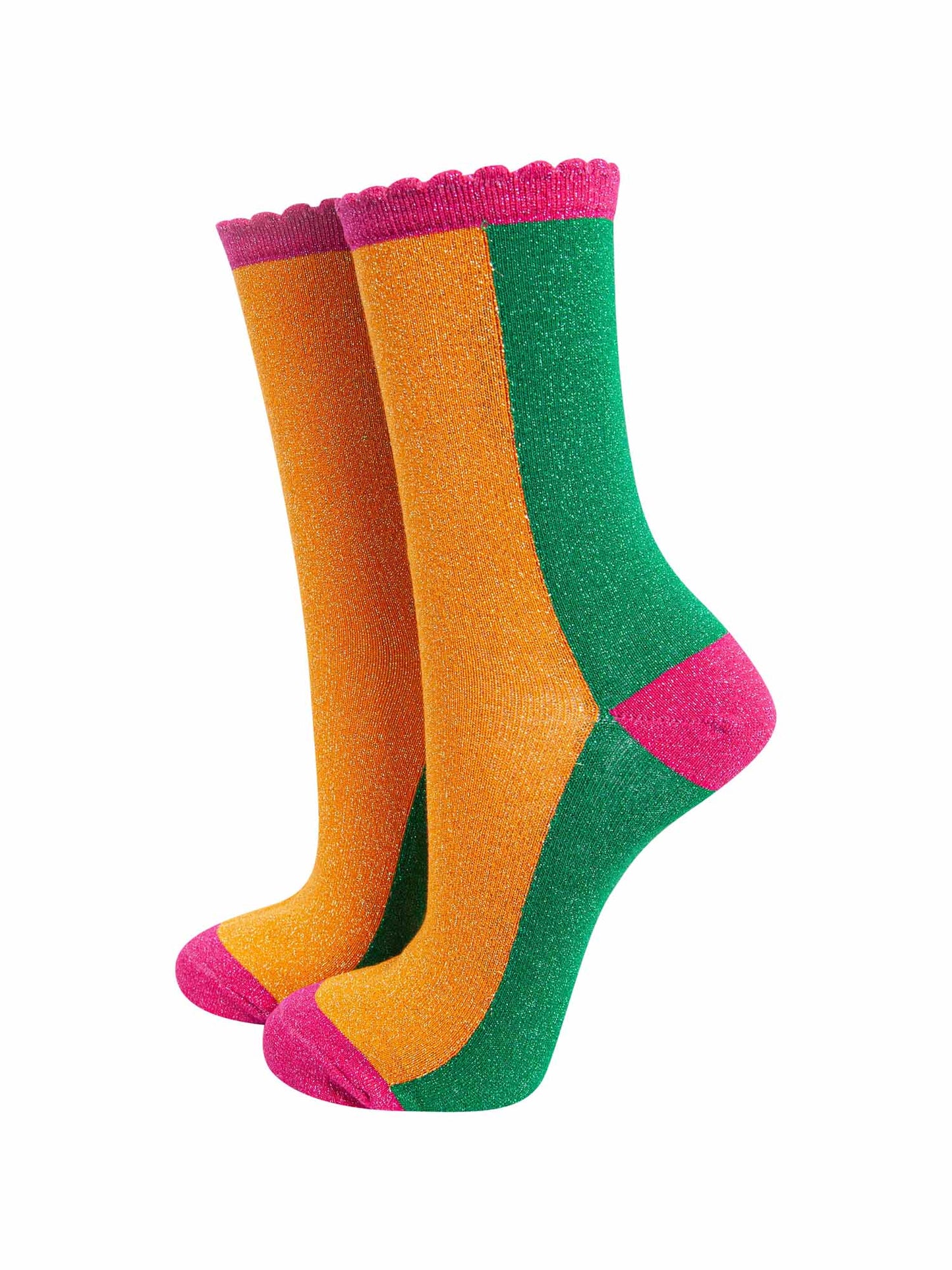 orange and green colour block socks with pink heel, toe and cuff with an all over glitter sparkle and scalloped edge