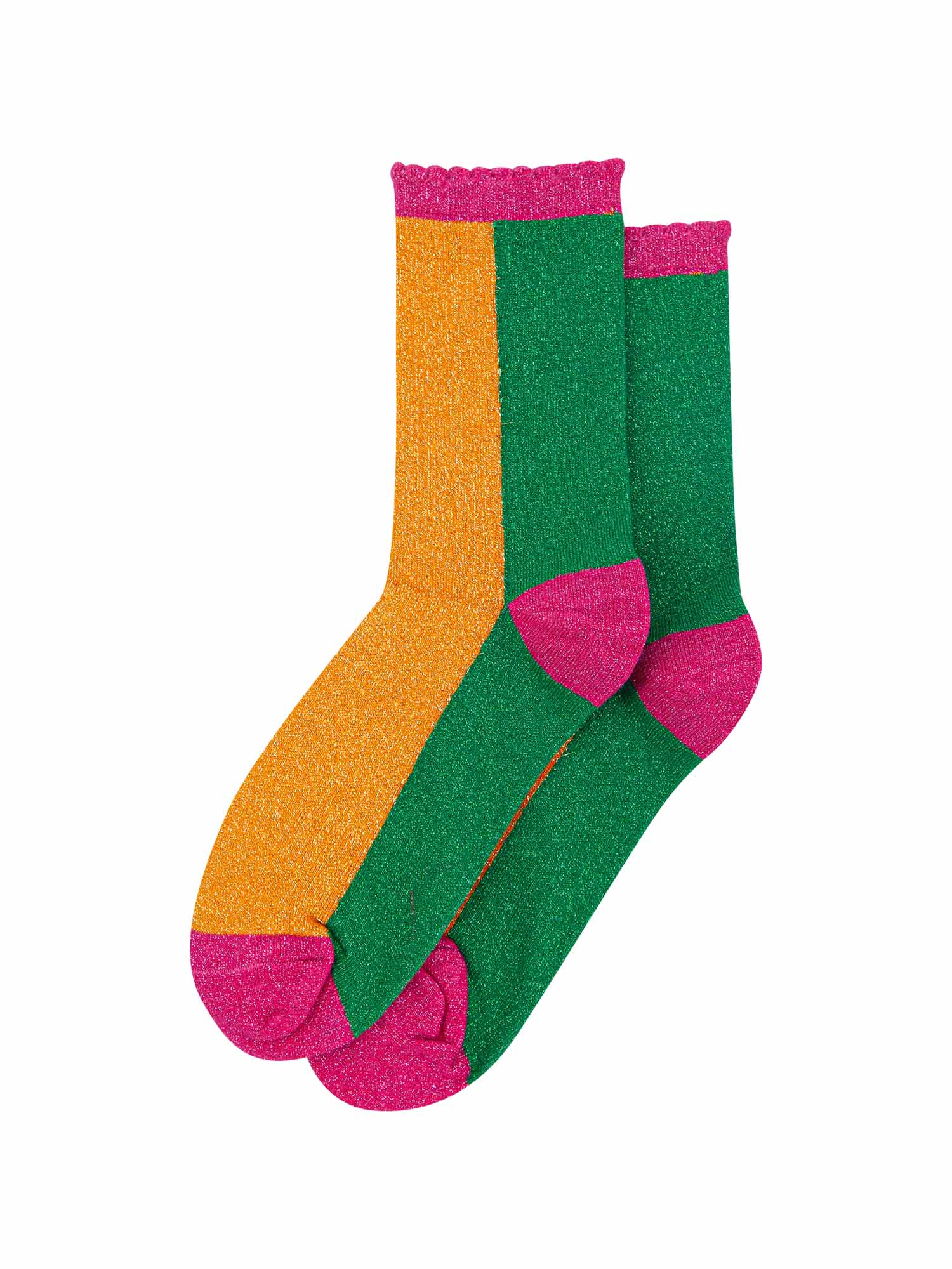 orange and green colour block socks with pink heel, toe and cuff with an all over glitter sparkle and scalloped edge