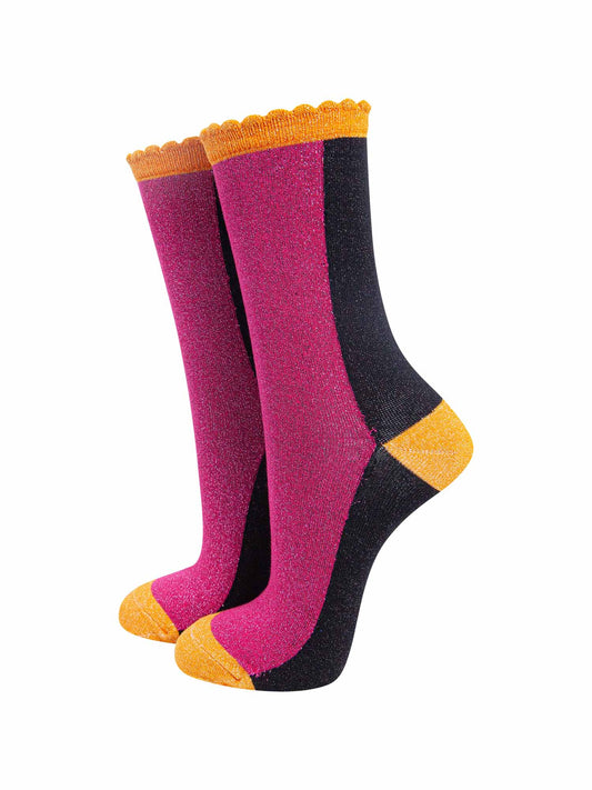 pink and black block socks with orange heel, toe and cuff with an all over glitter sparkle and scalloped edge