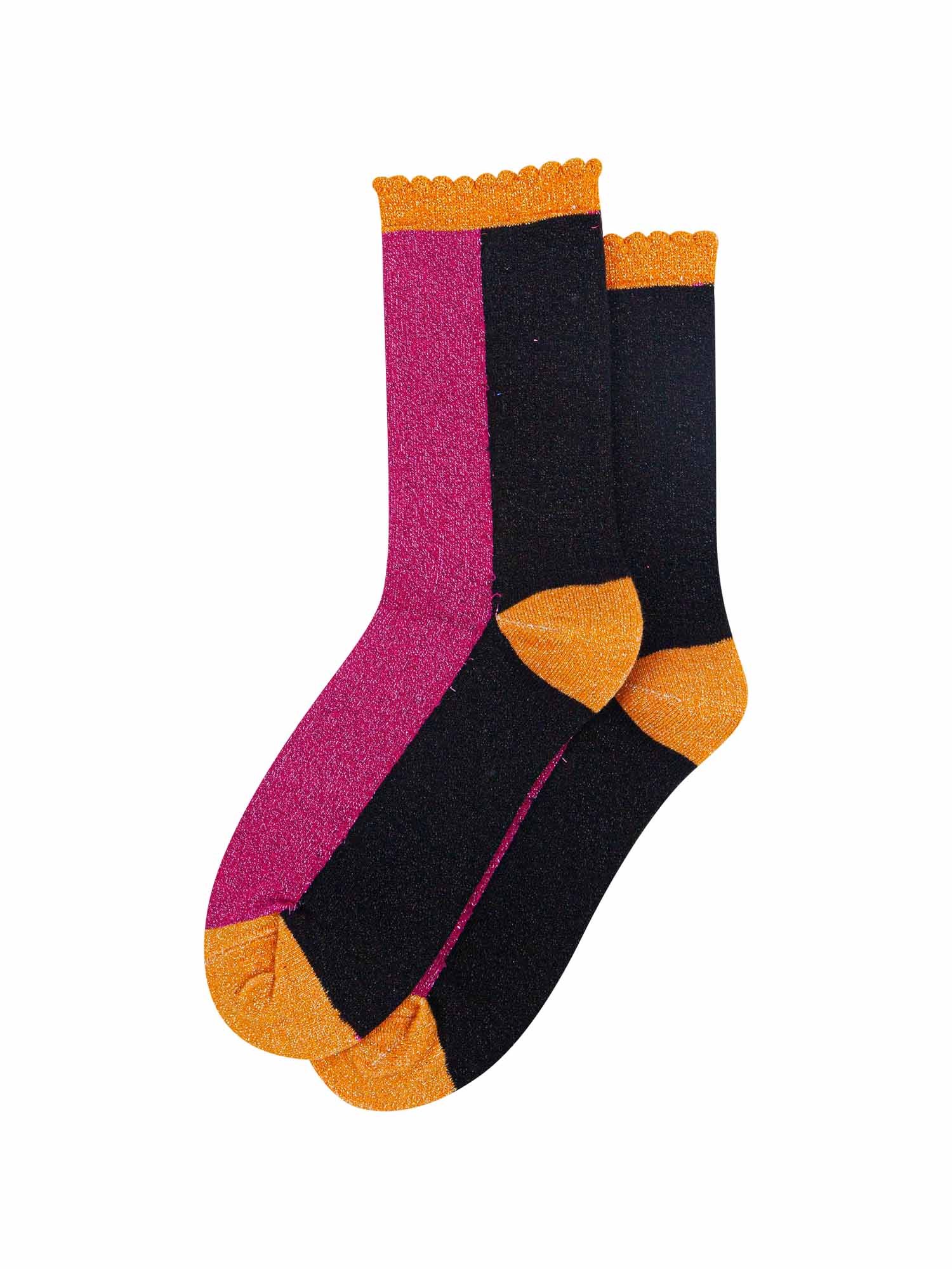 pink and black block socks with orange heel, toe and cuff with an all over glitter sparkle and scalloped edge