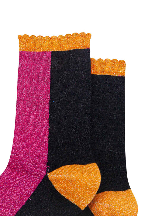 pink and black block socks with orange heel, toe and cuff with an all over glitter sparkle and scalloped edge