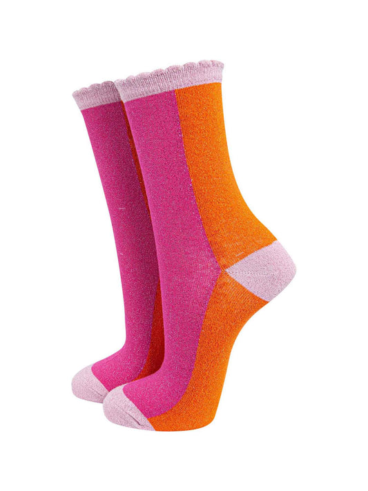 pink and orange colour block glitter socks with an all over sparkle

