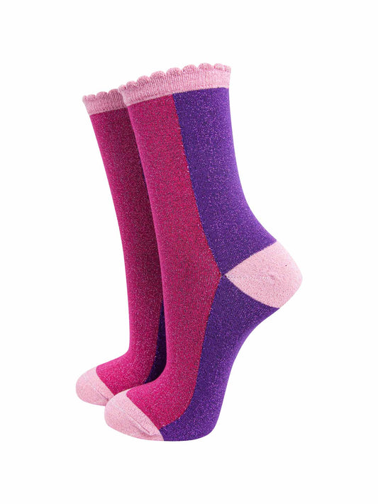 pink and purple colour block socks with pink heel, toe and cuff with an all over glitter sparkle and scalloped edge