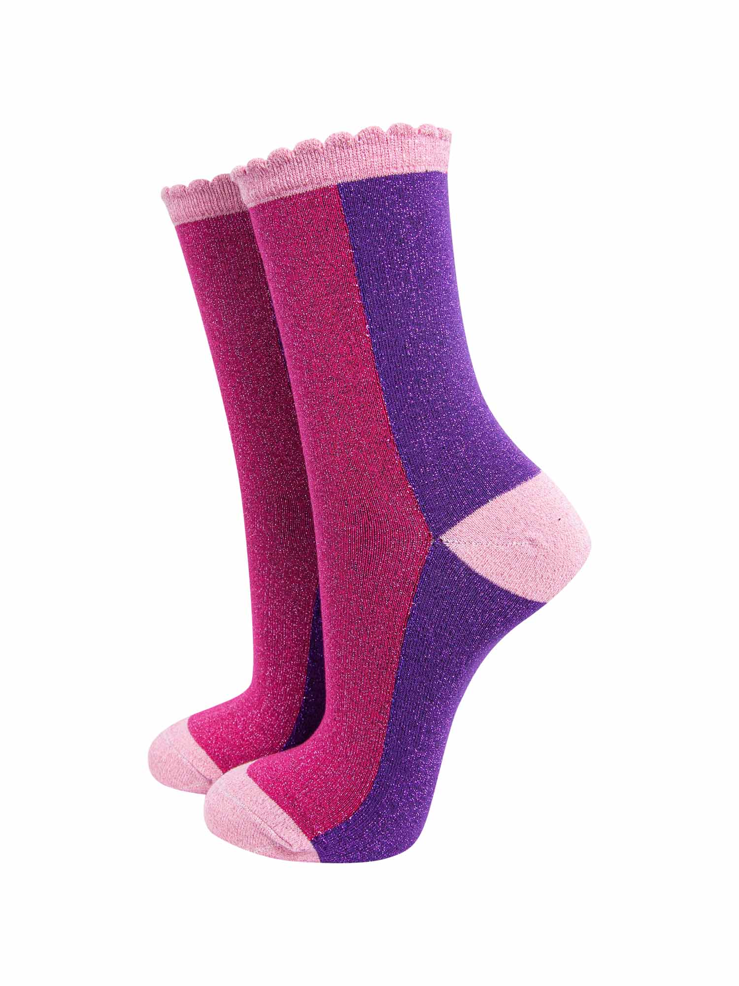 pink and purple colour block socks with pink heel, toe and cuff with an all over glitter sparkle and scalloped edge