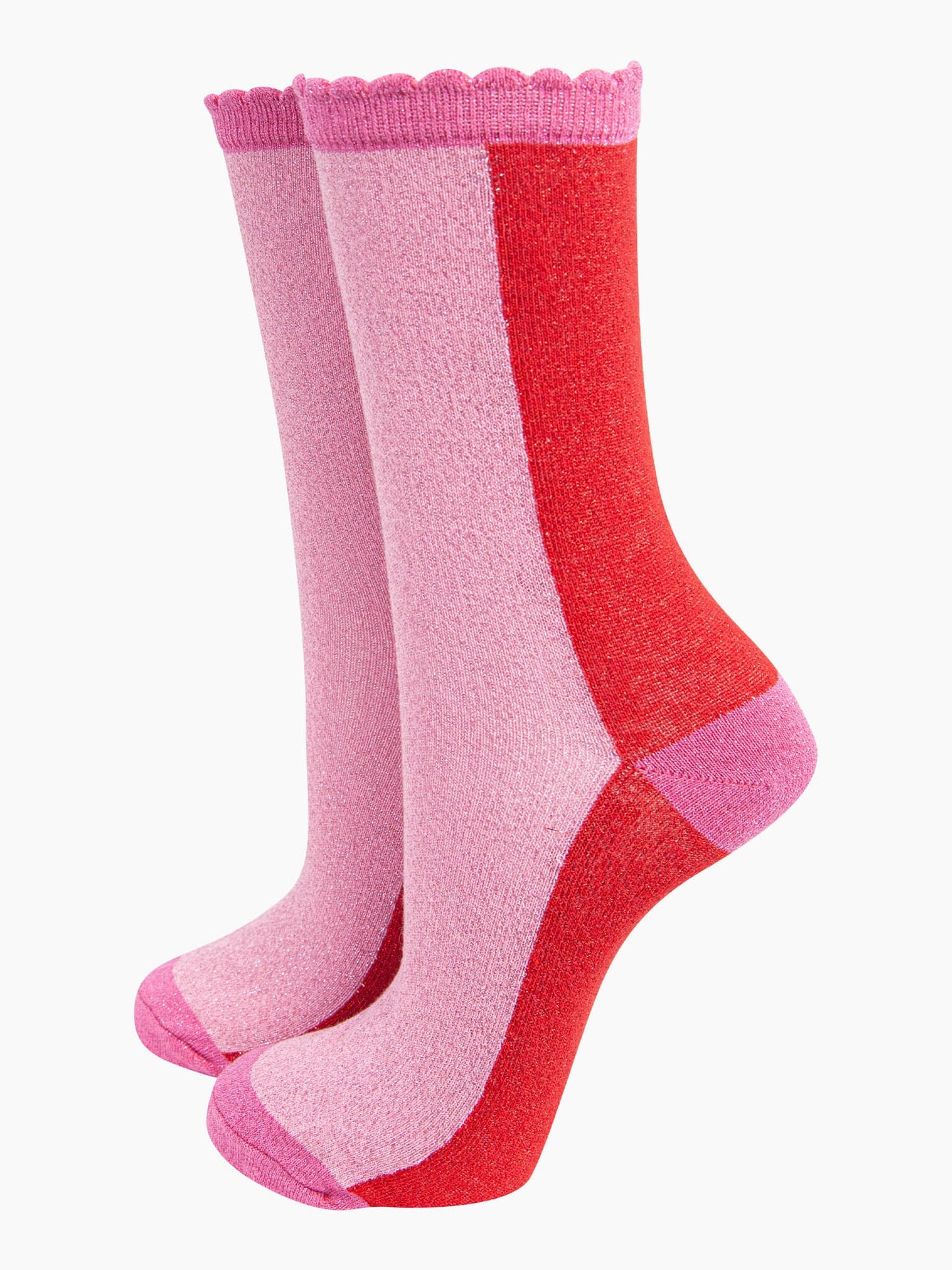 womens-glitter-socks-red-pink-colour-block-contrasting-sparkly-frilled-scalloped-cuffs