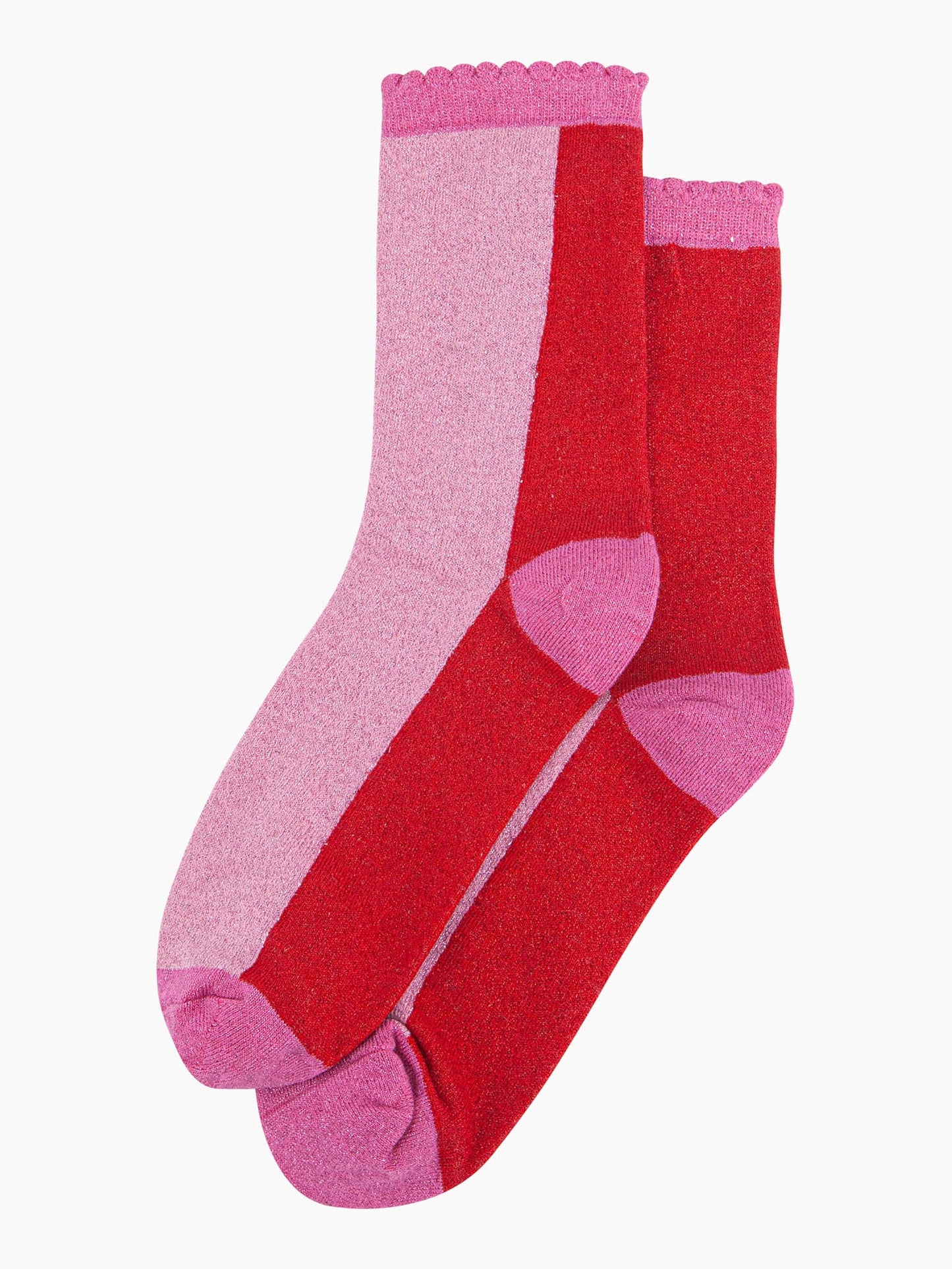 womens-glitter-socks-red-pink-colour-block-sparkly-material-two-tone