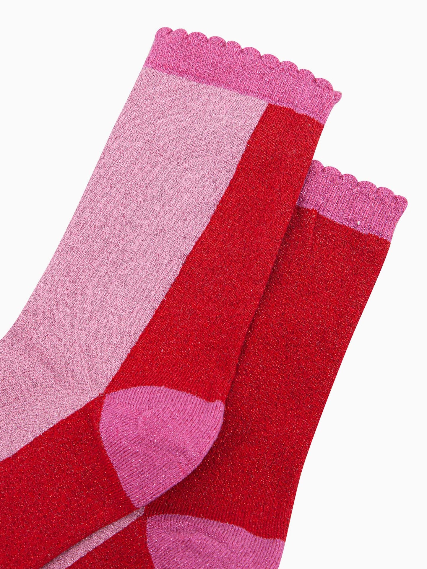 womens-glitter-socks-red-pink-colour-block-close-up-sparkly-material-scalloped-cuff