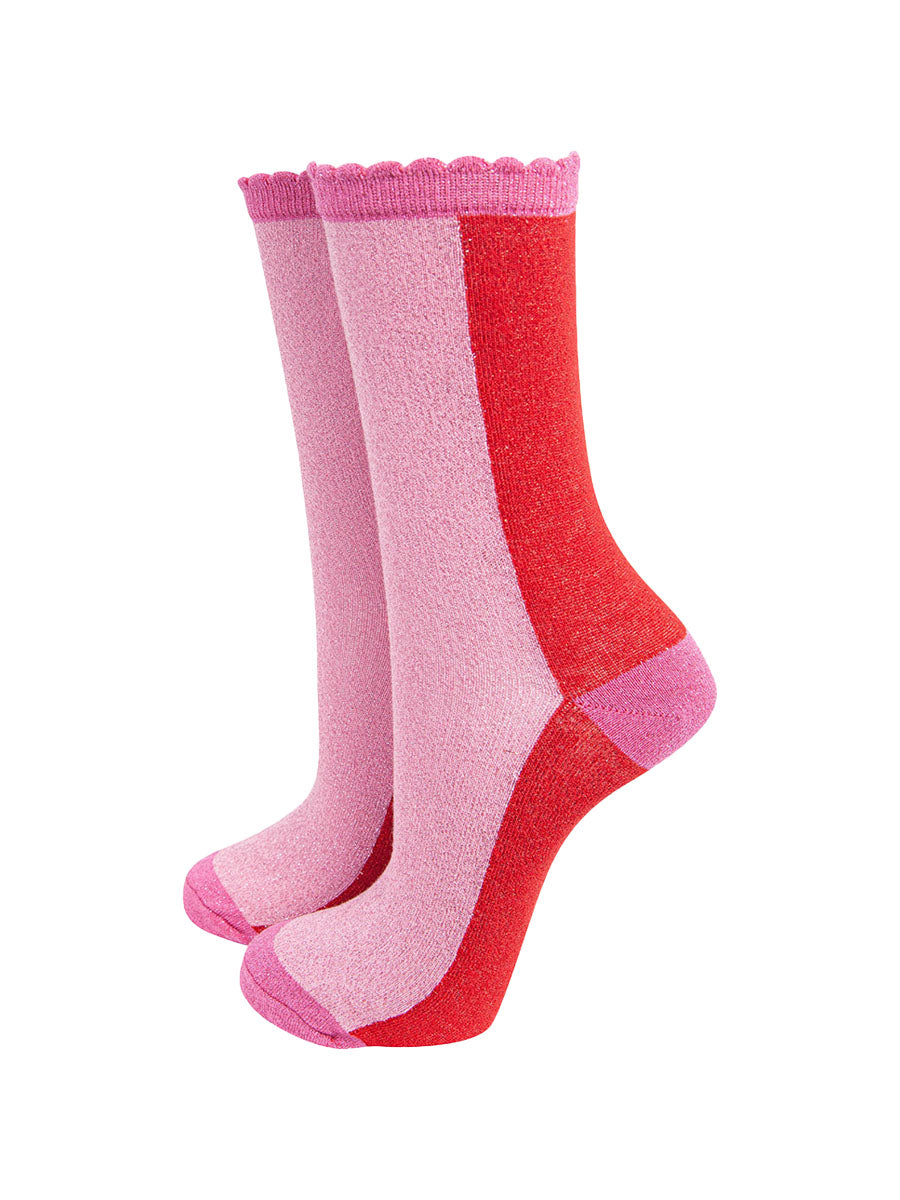 womens-glitter-socks-red-pink-colour-block-contrasting-sparkly-frilled-scalloped-cuffs