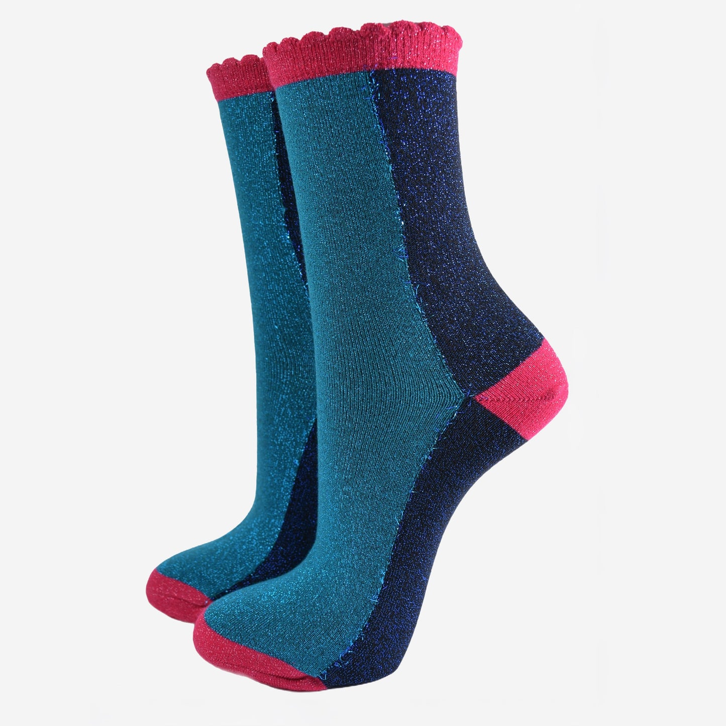 Women's Glitter Socks - Teal/Navy Blue, Colour Block