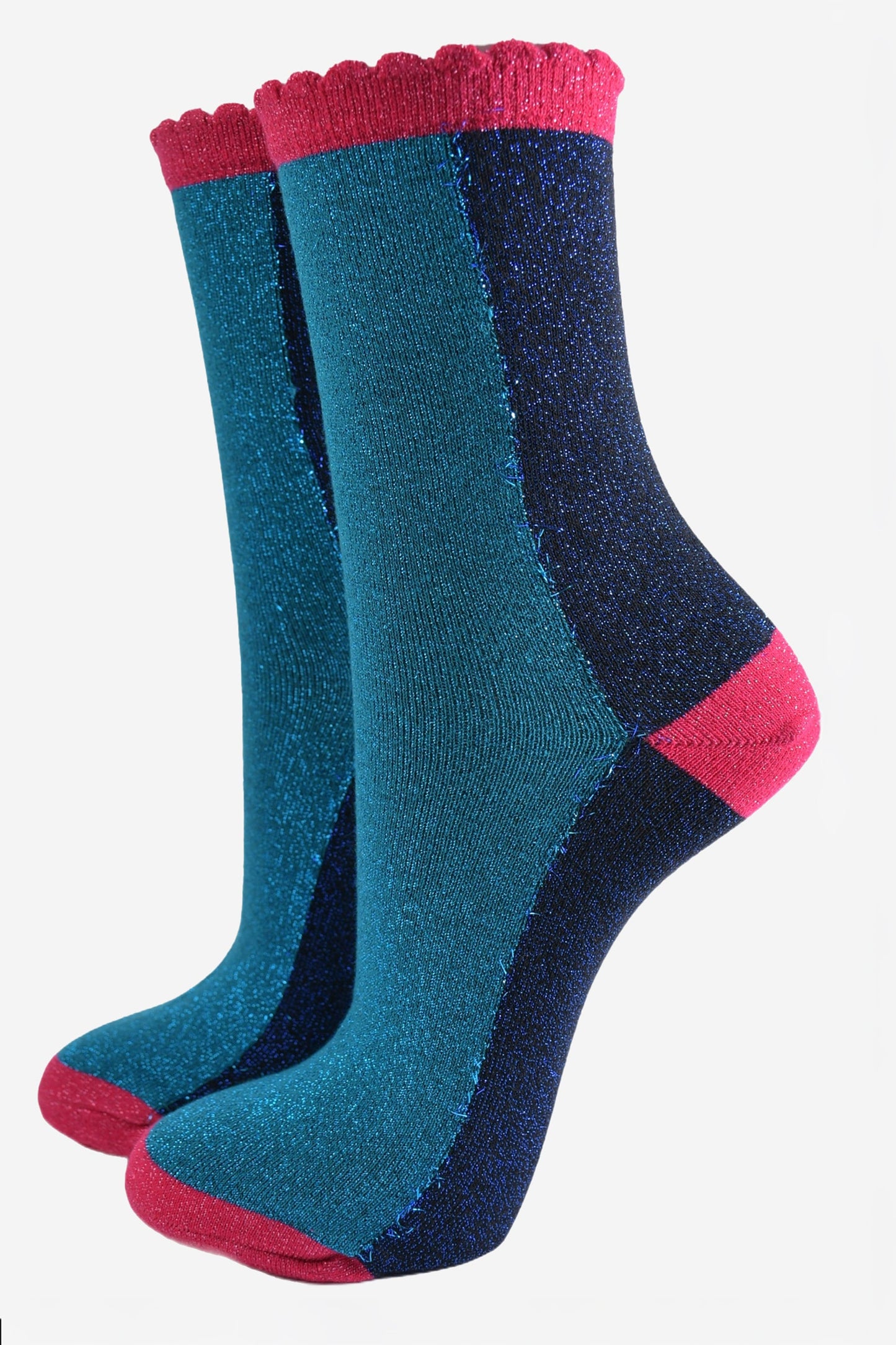 teal and navy colour block socks with pink heel, toe and cuff with an all over glitter sparkle and scalloped edge