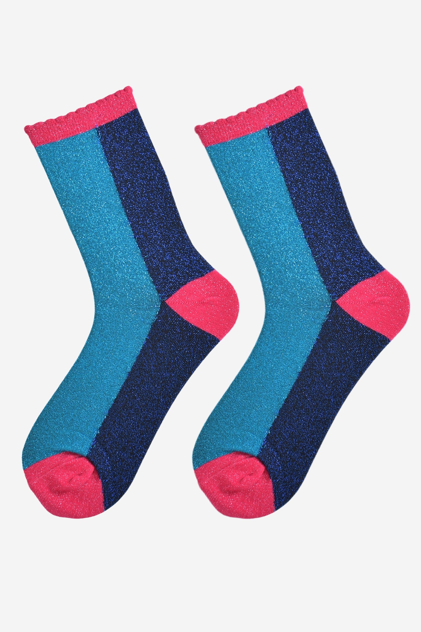 Women's Glitter Socks - Teal/Navy Blue, Colour Block