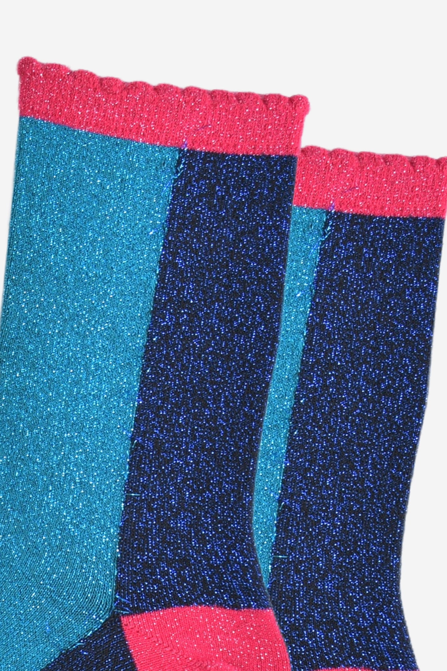 Women's Glitter Socks - Teal/Navy Blue, Colour Block