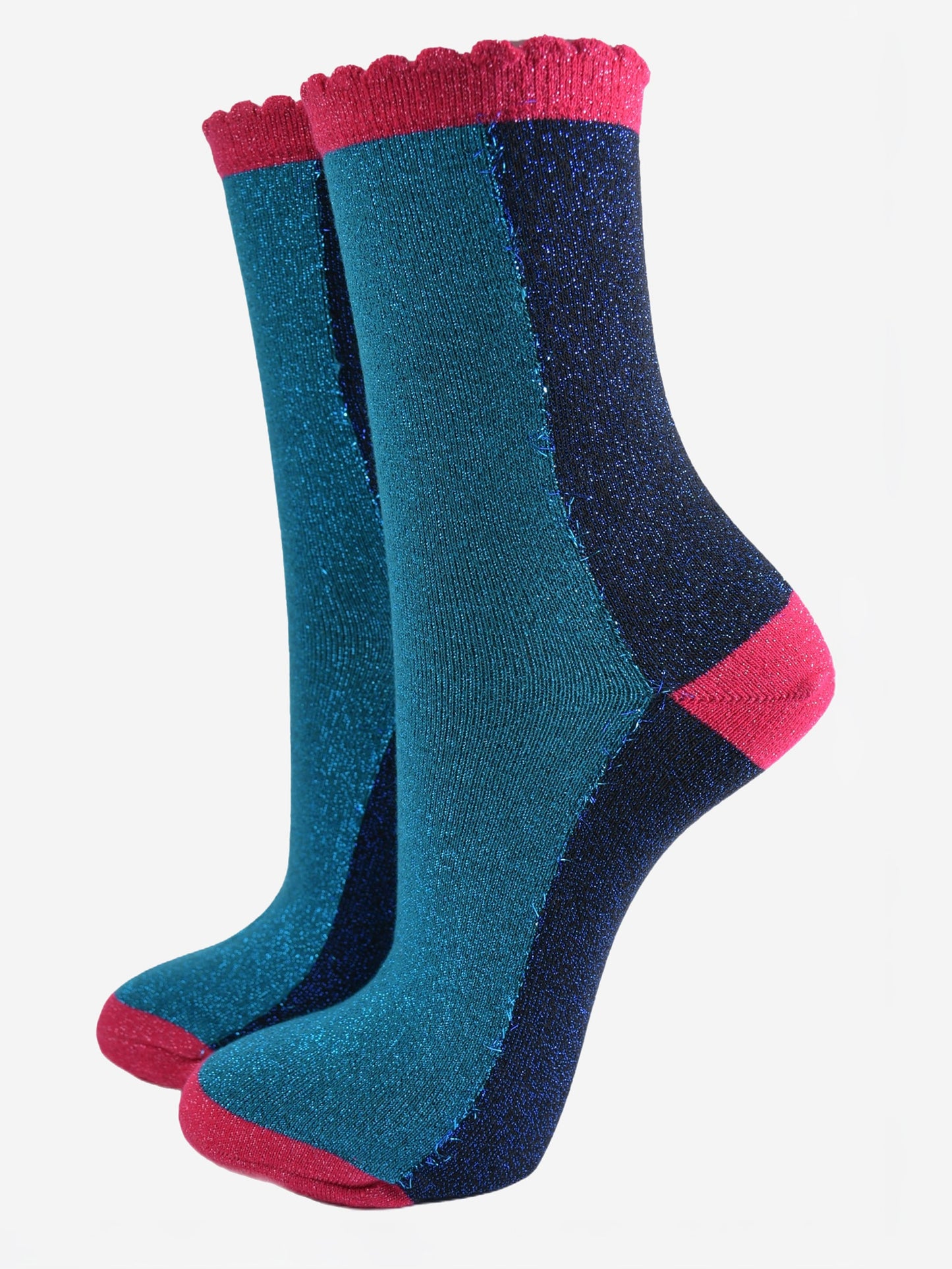 Women's Glitter Socks - Teal/Navy Blue, Colour Block