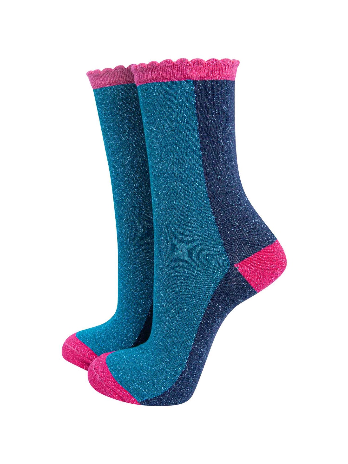 teal and navy colour block socks with pink heel, toe and cuff with an all over glitter sparkle and scalloped edge