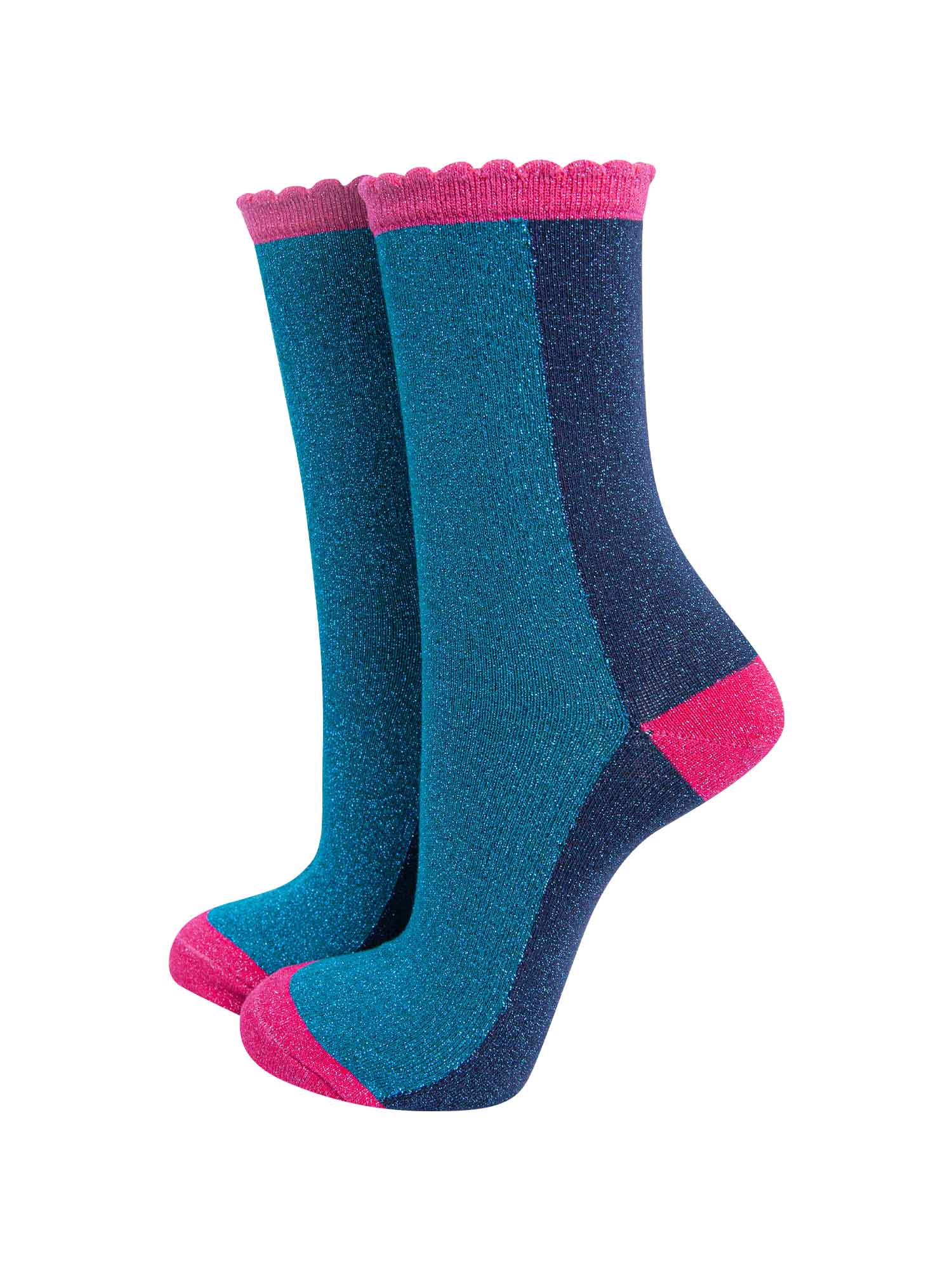 teal and navy colour block socks with pink heel, toe and cuff with an all over glitter sparkle and scalloped edge