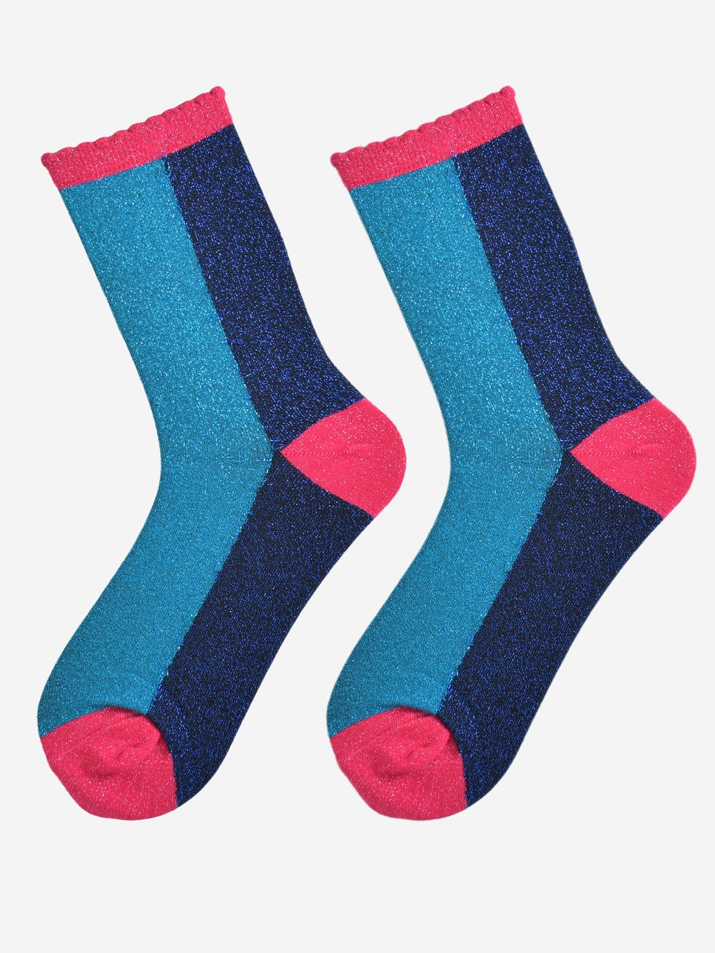 Women's Glitter Socks - Teal/Navy Blue, Colour Block