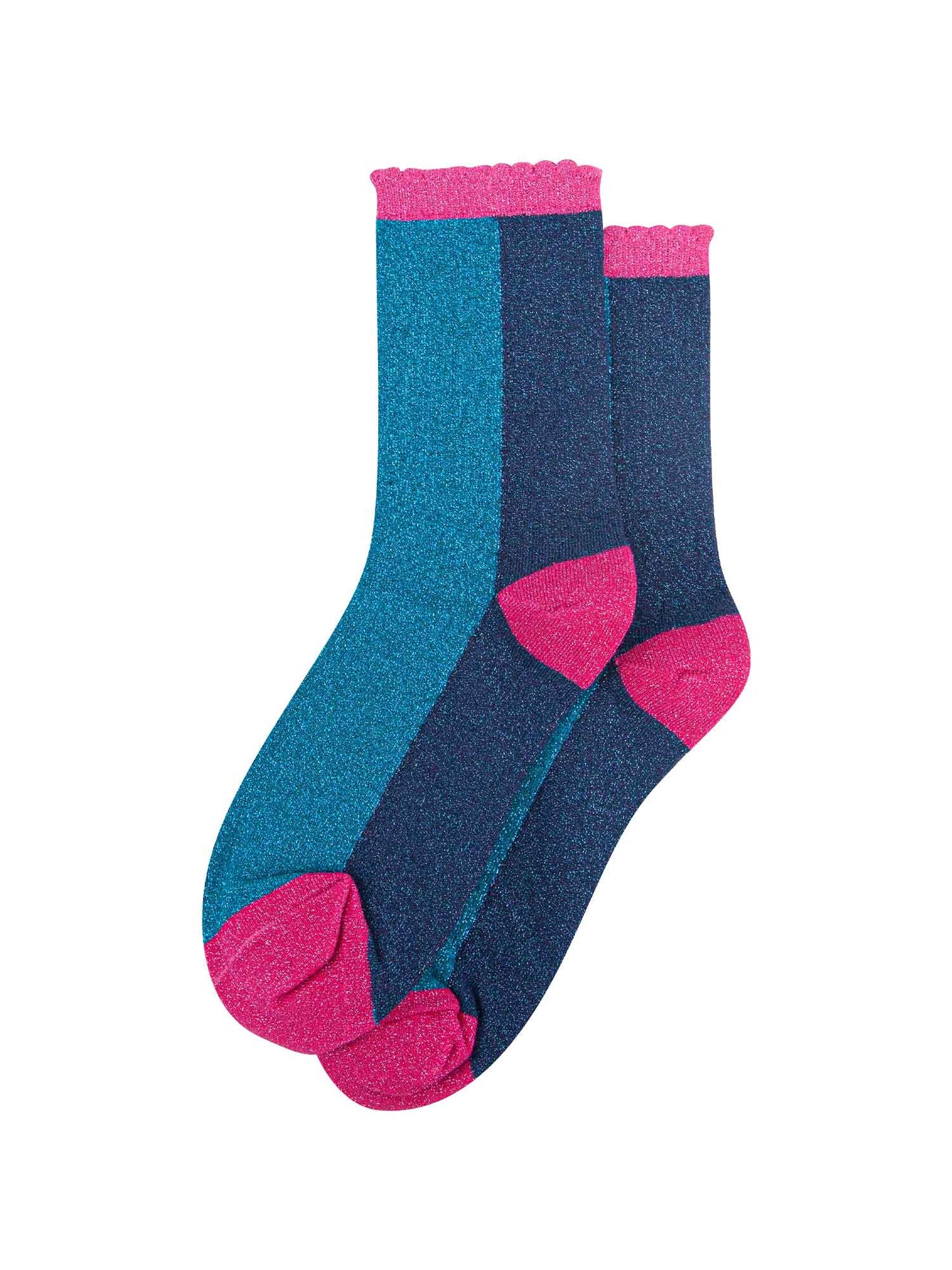 teal and navy colour block socks with pink heel, toe and cuff with an all over glitter sparkle and scalloped edge