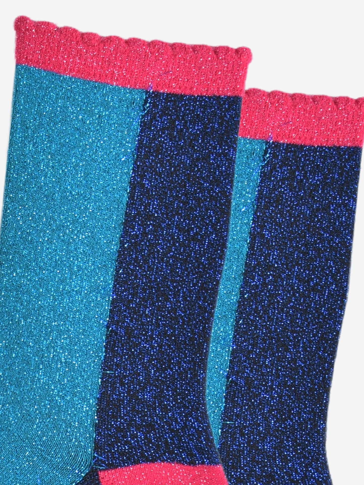 Women's Glitter Socks - Teal/Navy Blue, Colour Block