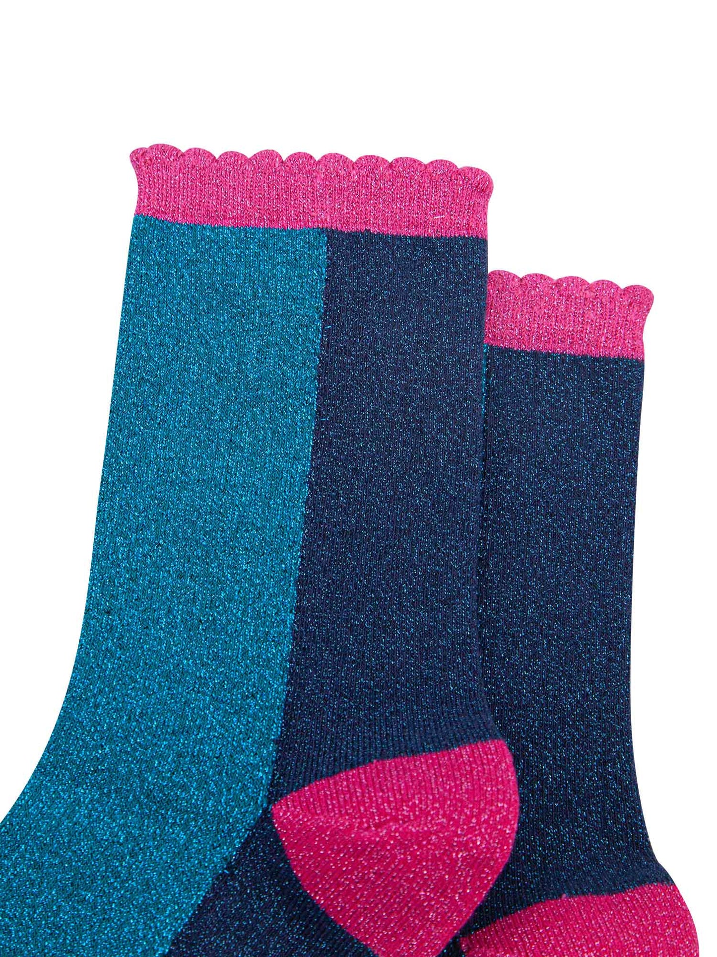 teal and navy colour block socks with pink heel, toe and cuff with an all over glitter sparkle and scalloped edge