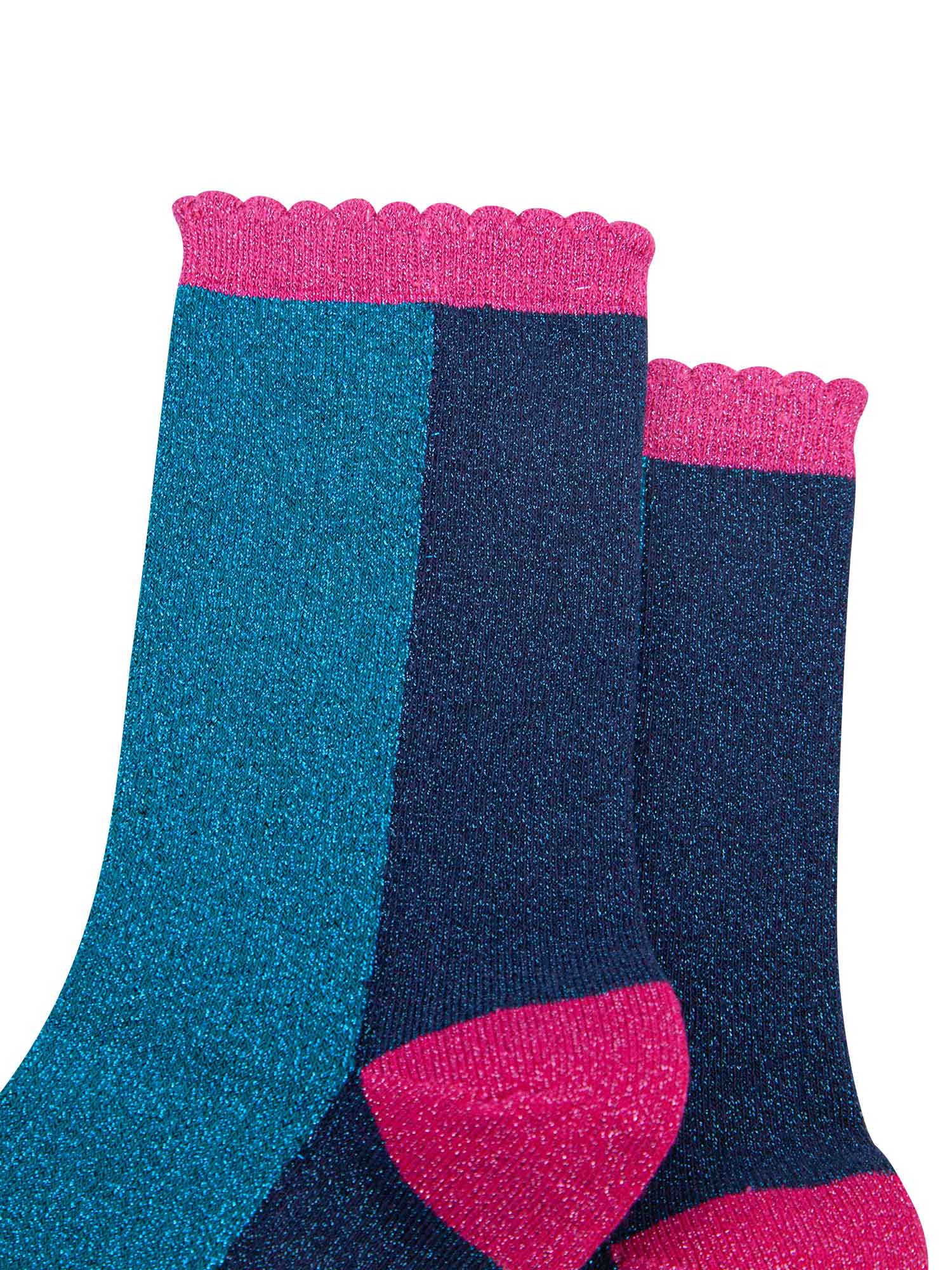 teal and navy colour block socks with pink heel, toe and cuff with an all over glitter sparkle and scalloped edge
