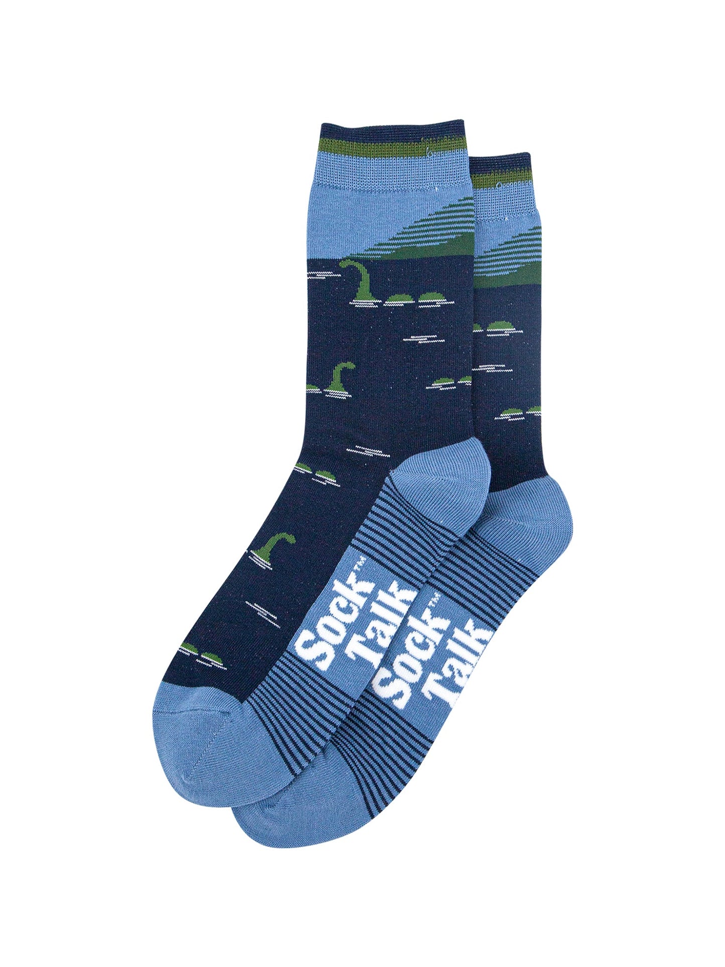 Loch-Ness-Monster-Bamboo-Socks-in-Navy-Blue-Lying-Flat