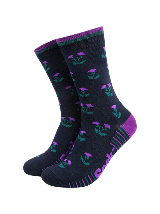 Scottish-Thistles-Bamboo-Socks-in-Navy-Blue-Mannequin