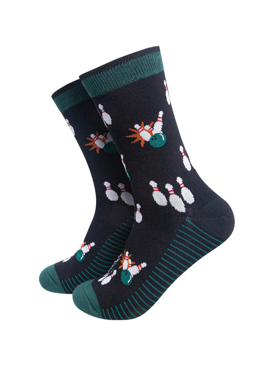 Ten-Pin-Bowling-Men's-Bamboo-Socks-in-Black-On-Mannequin