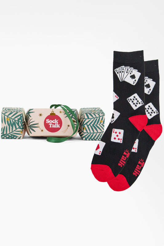 Men's Bamboo Crew Socks Christmas Cracker Gift Box - Black/Red, Poker Cards