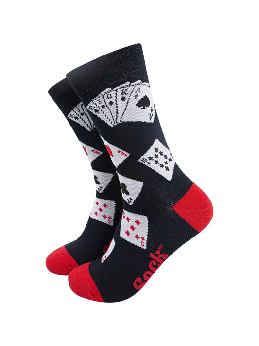 black and red dress socks with poker playing cards on them