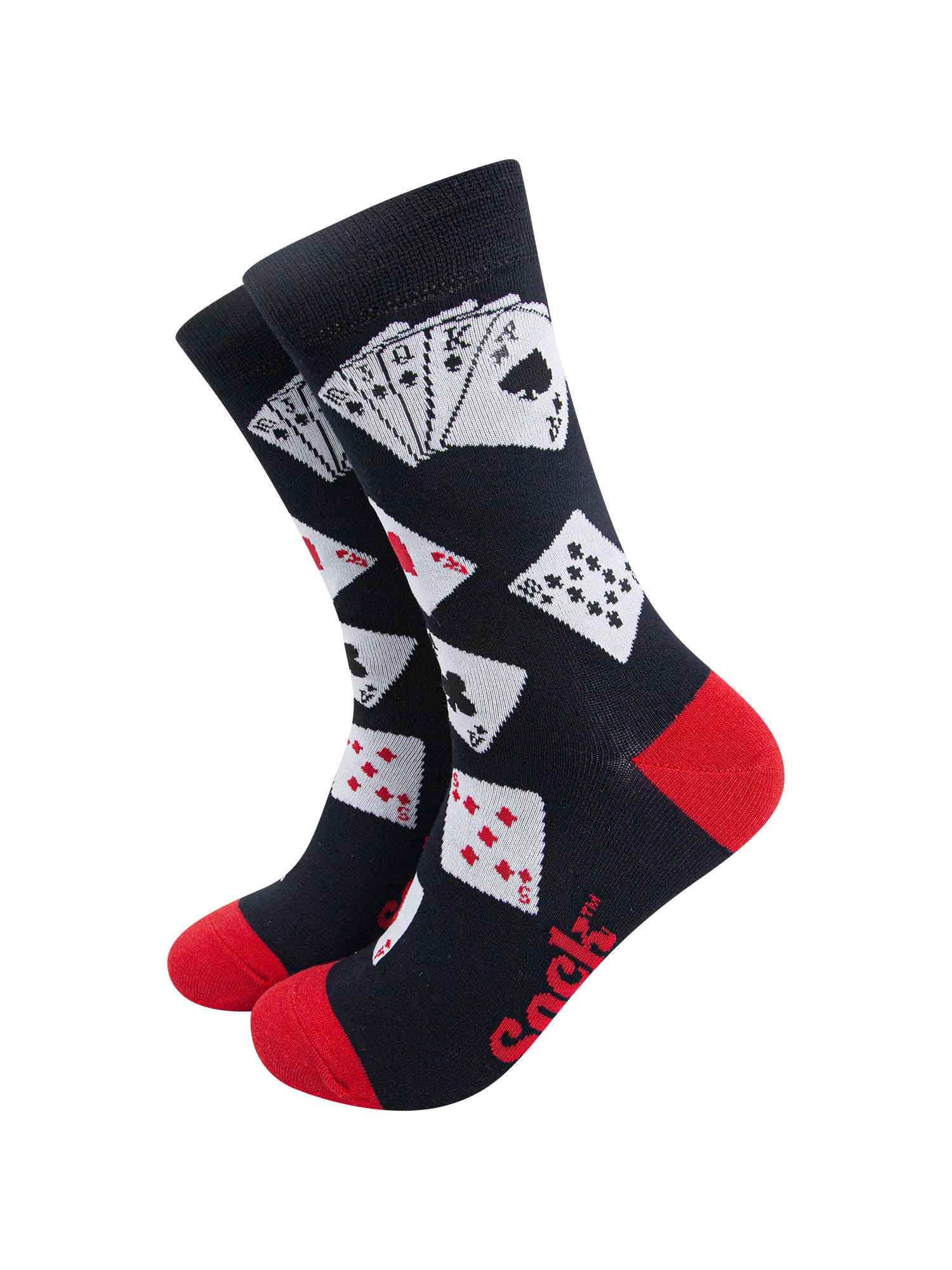 black and red dress socks with poker playing cards on them