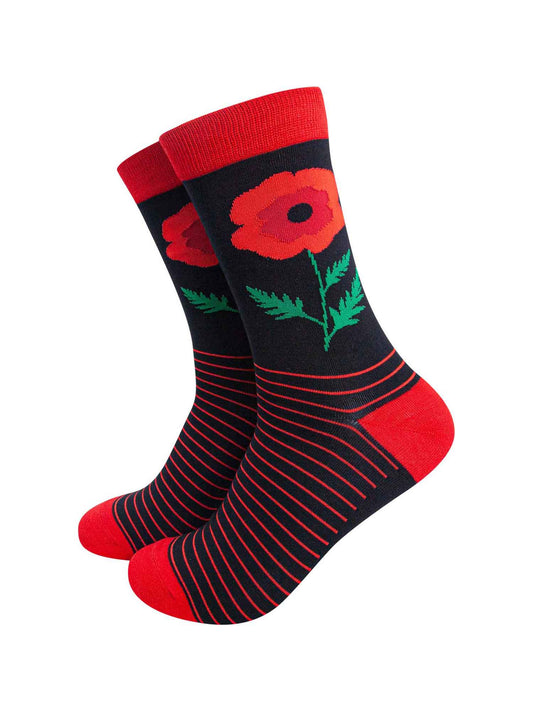 mens bamboo socks featuring a large red remembrance poppy flower and red stripes
