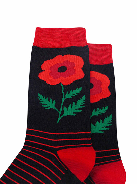 close up of the red poppy flower on the ankle of the socks