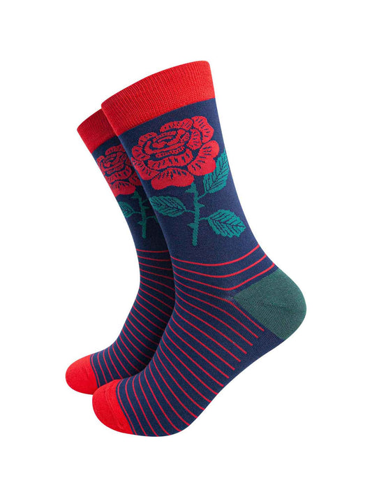 mens bamboo socks with a red english rose motif and striped pattern