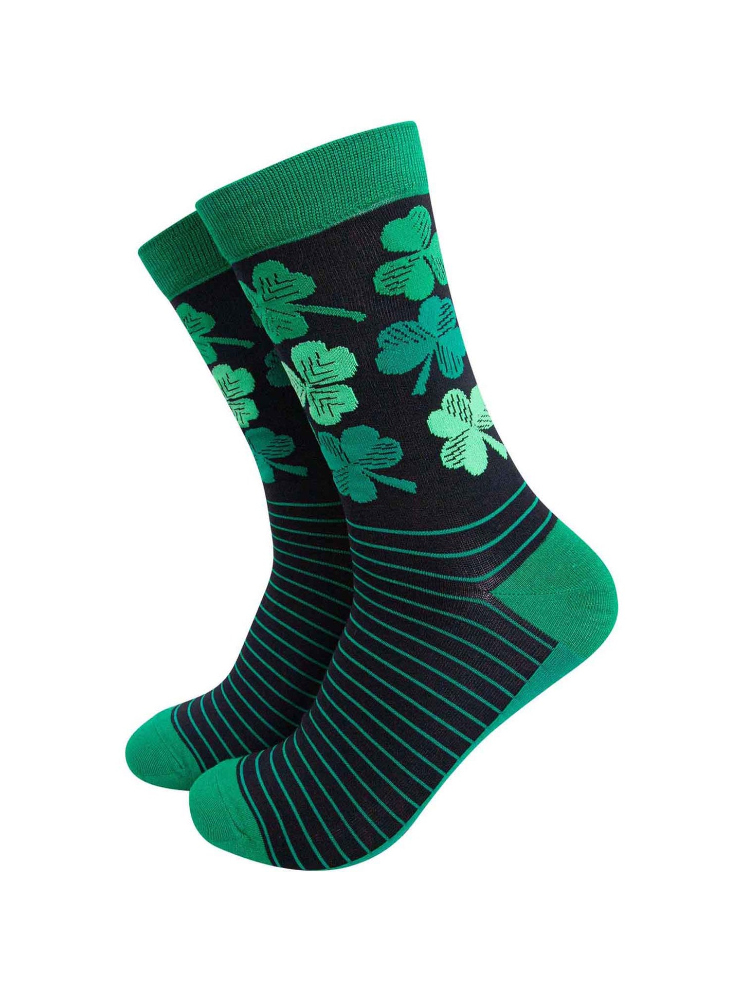 mens bamboo socks featuring an Irish Shamrock and four leaf clover in green