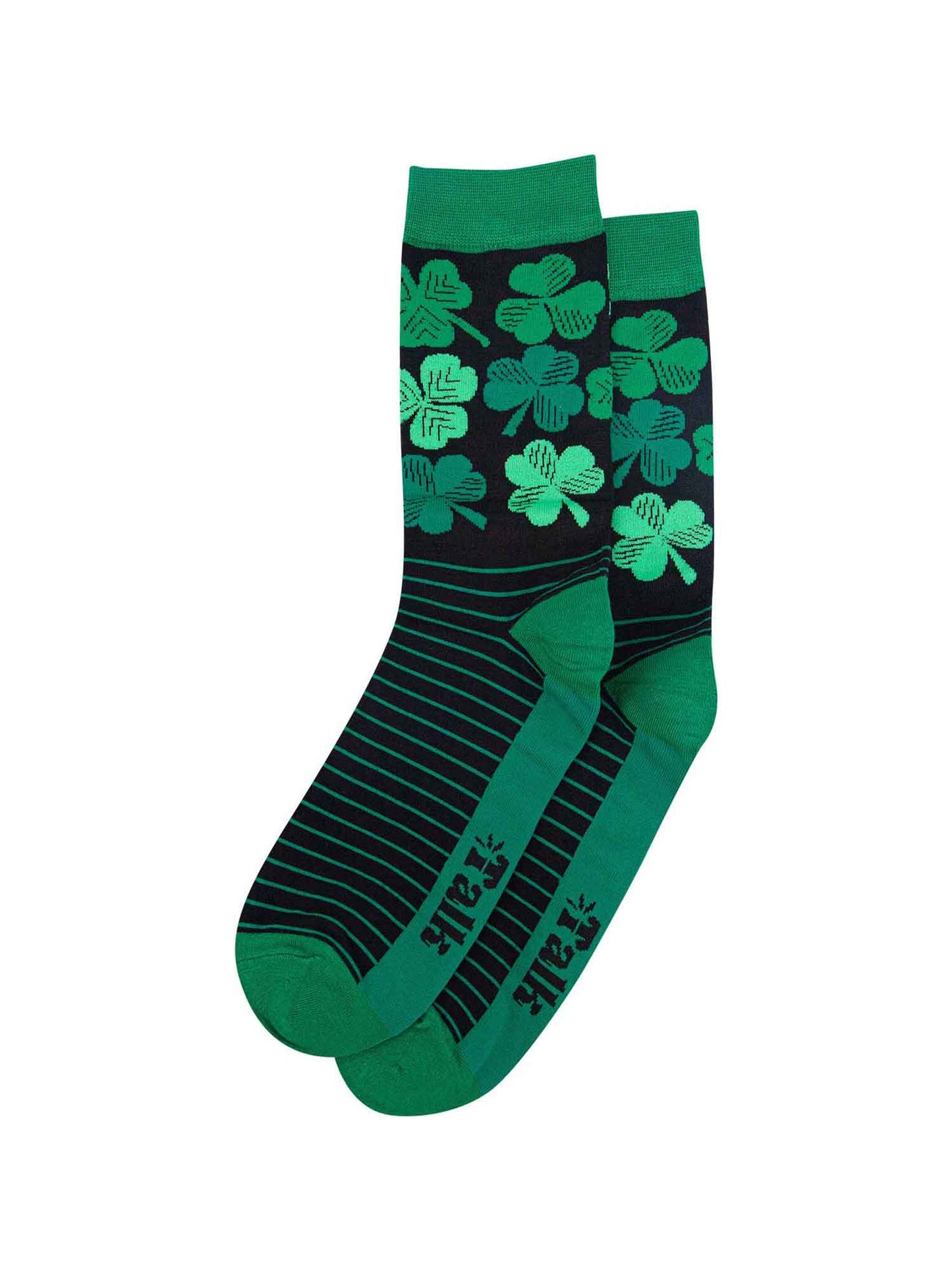 black and green mens bamboo socks with Irish shamrocks and green stripes