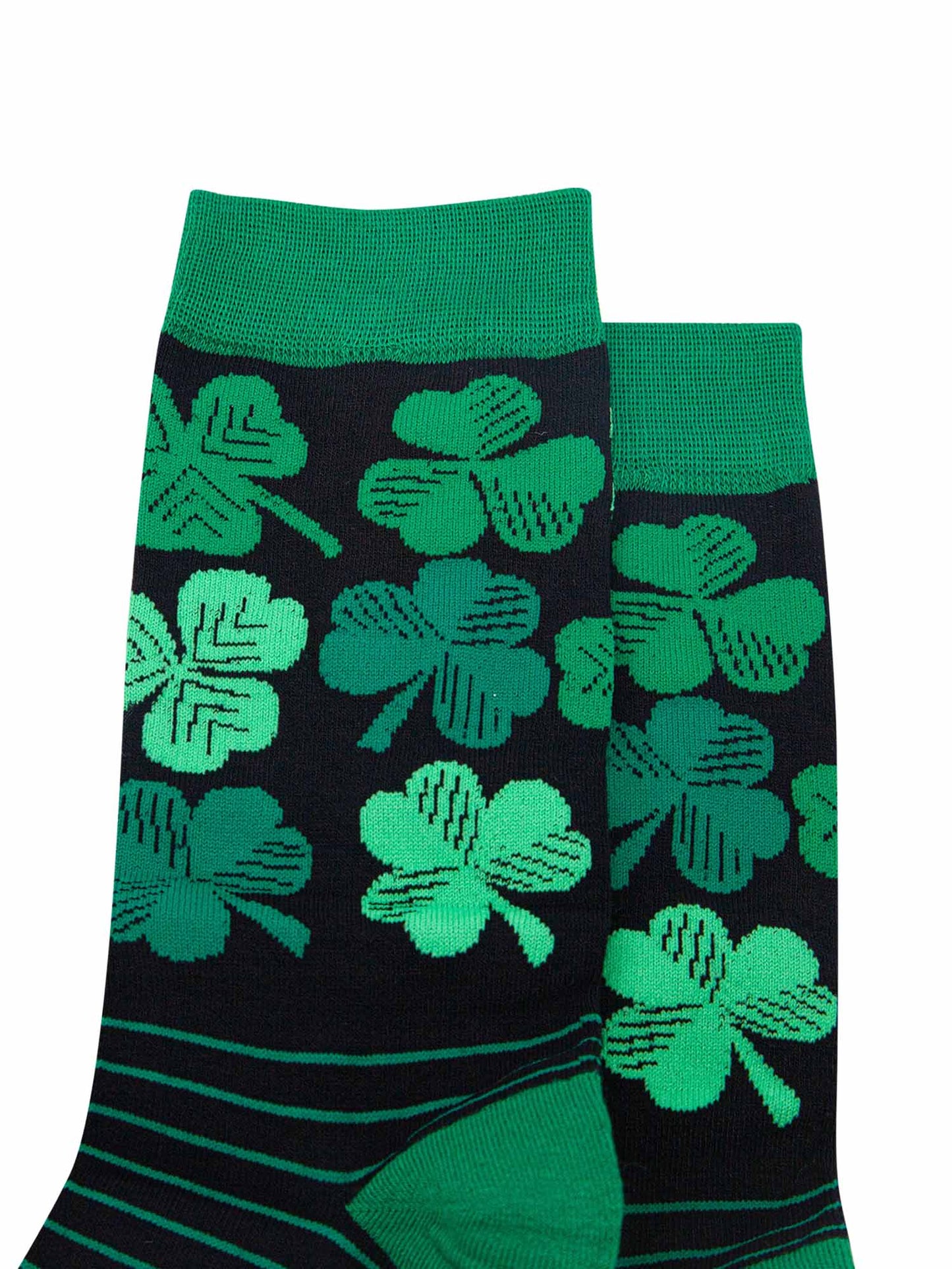 close up of the green Irish shamrock pattern on the ankle of the socks