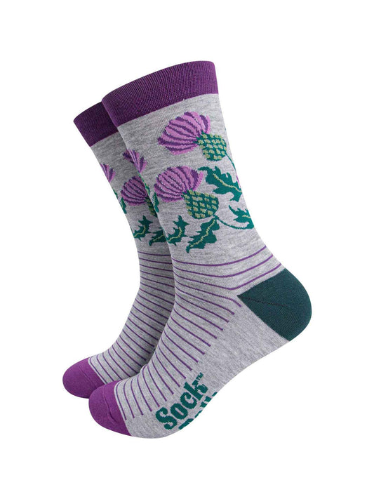 mens grey and purple bamboo socks featings scottish thistle flowers and stripes
