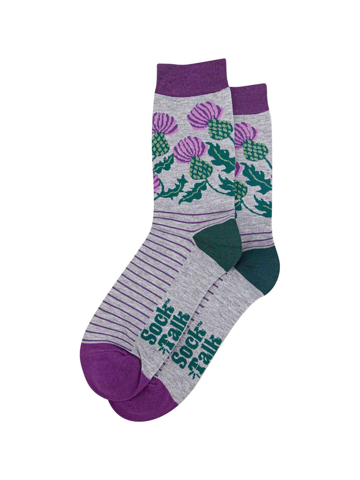 mens grey bamboo socks featuring a Scottish thistle design and purple stripes