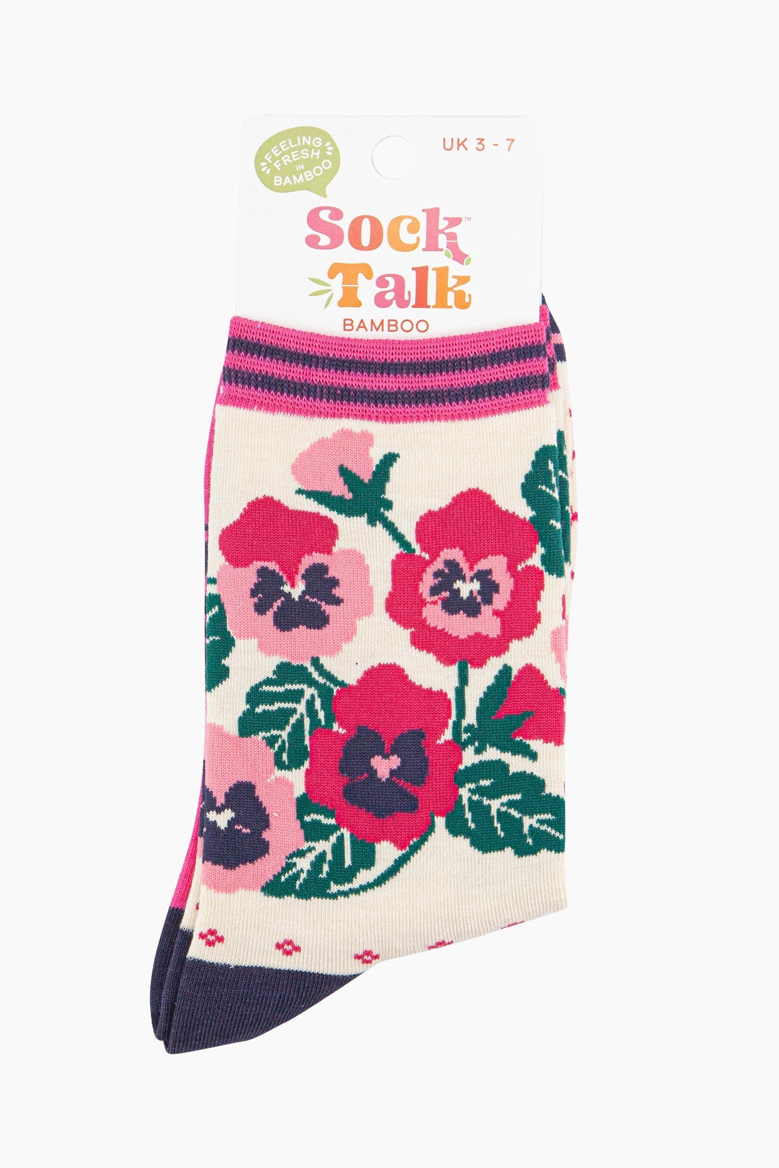 women's cream and pink pansy floral ankle socks in their sock talk packaging, the socks are a uk size 3-7