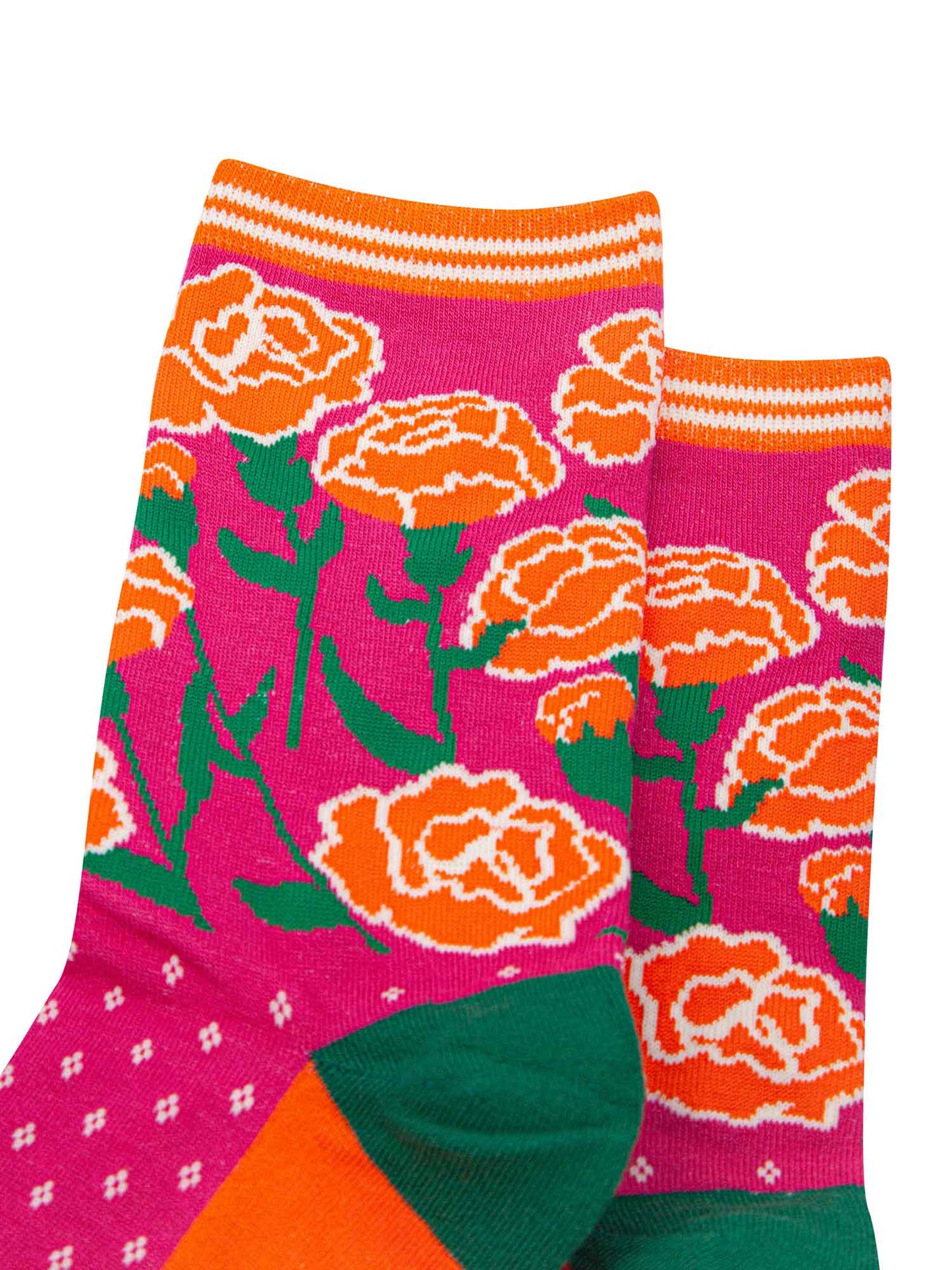 close up of the carnation floral design on the ankle of the socks