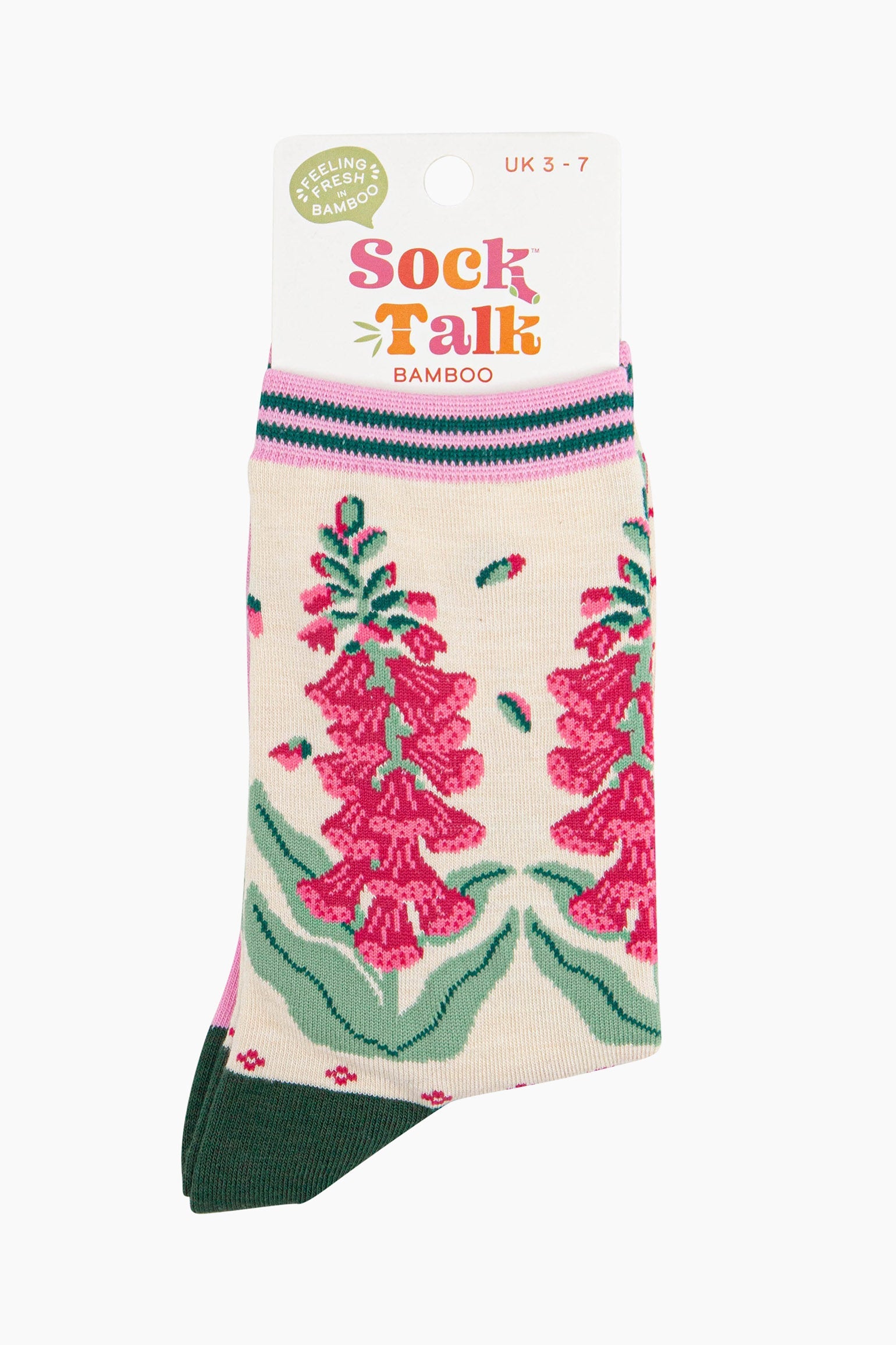 women's cream and pink foxglove floral ankle socks in their sock talk packaging, the socks are a uk size 3-7