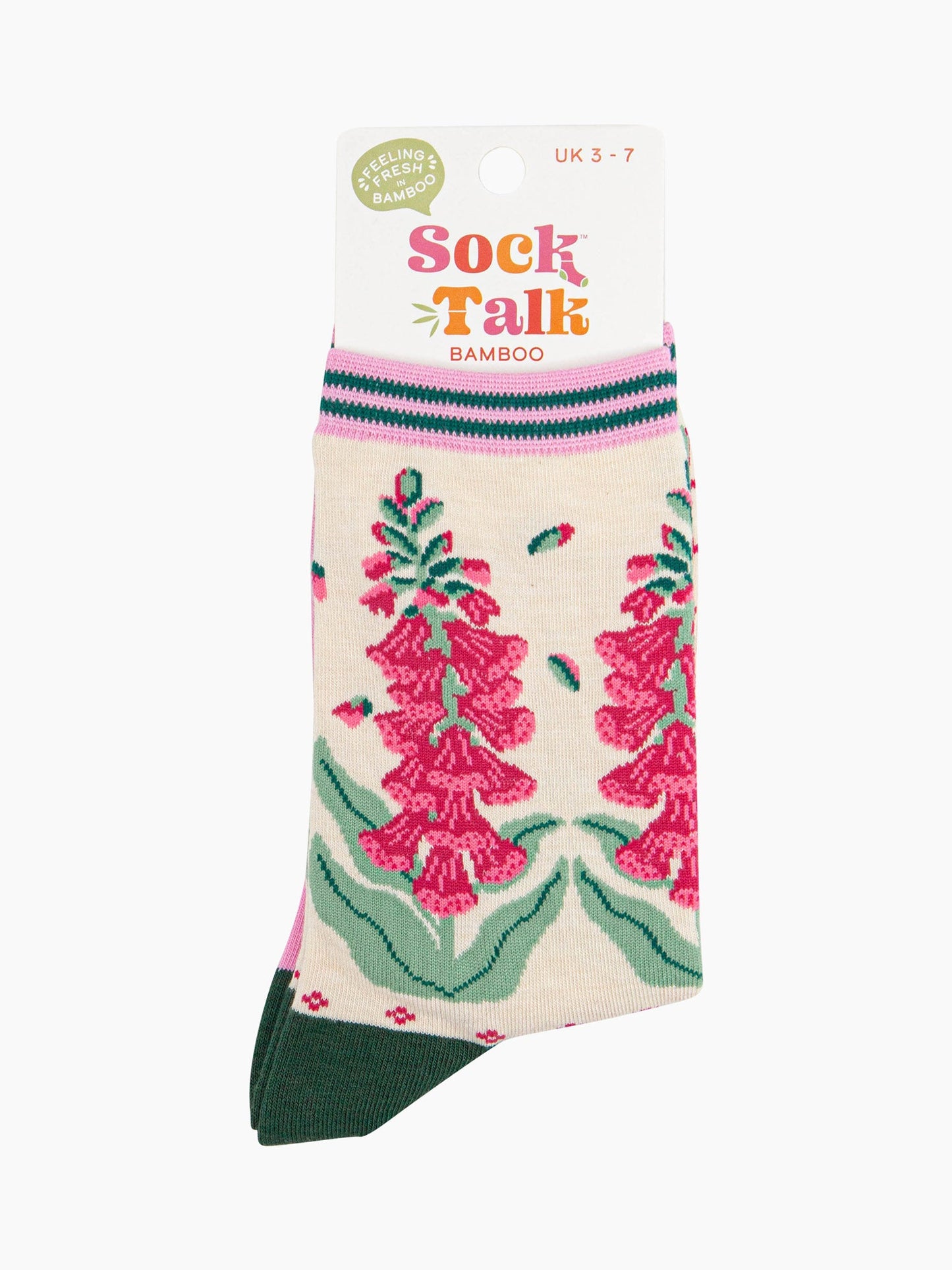 women's cream and pink foxglove floral ankle socks in their sock talk packaging, the socks are a uk size 3-7